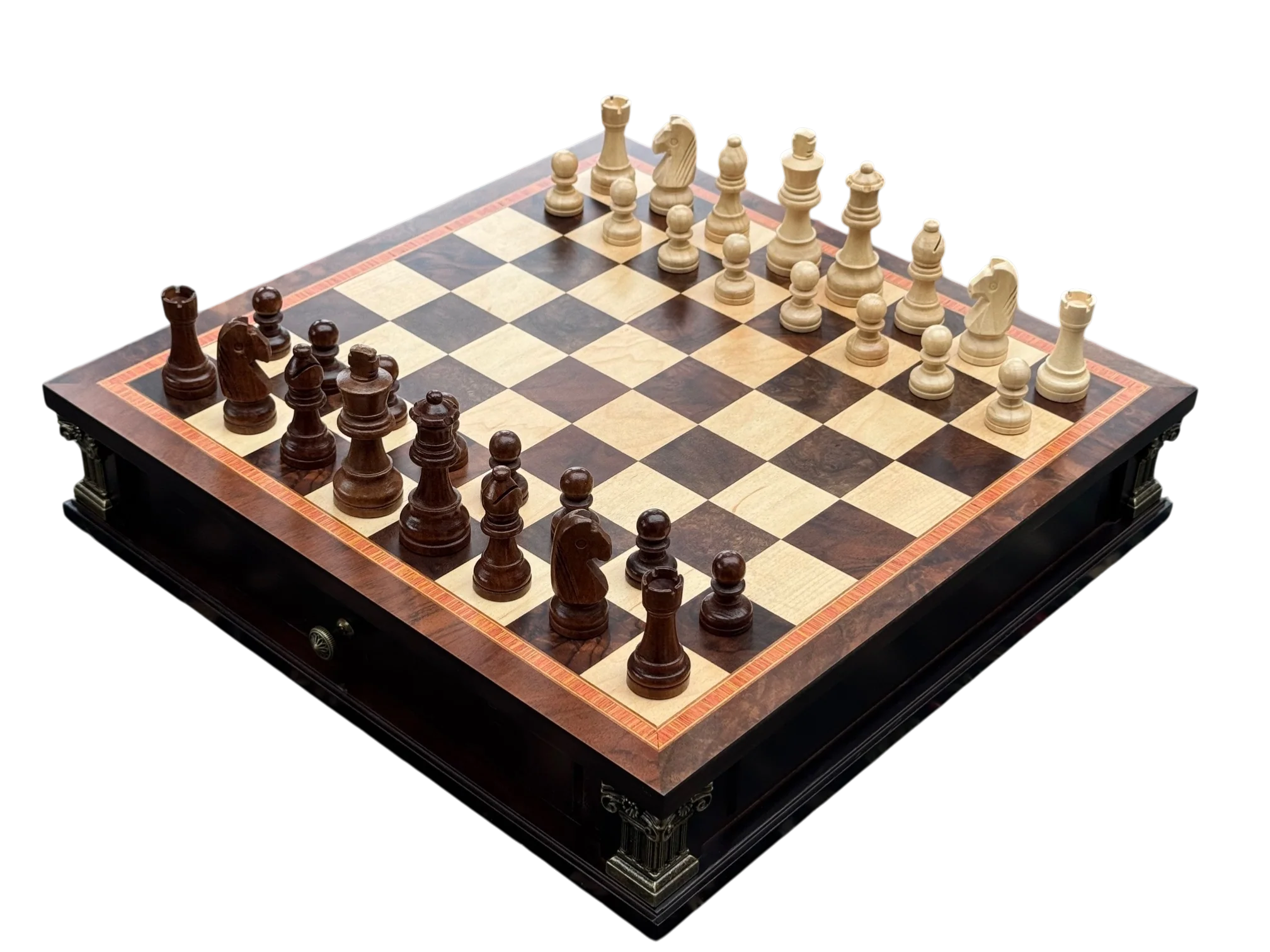 Economy 15" Burl Walnut Maple Magnetic Drawer Chess and Draughts Set - Image 2