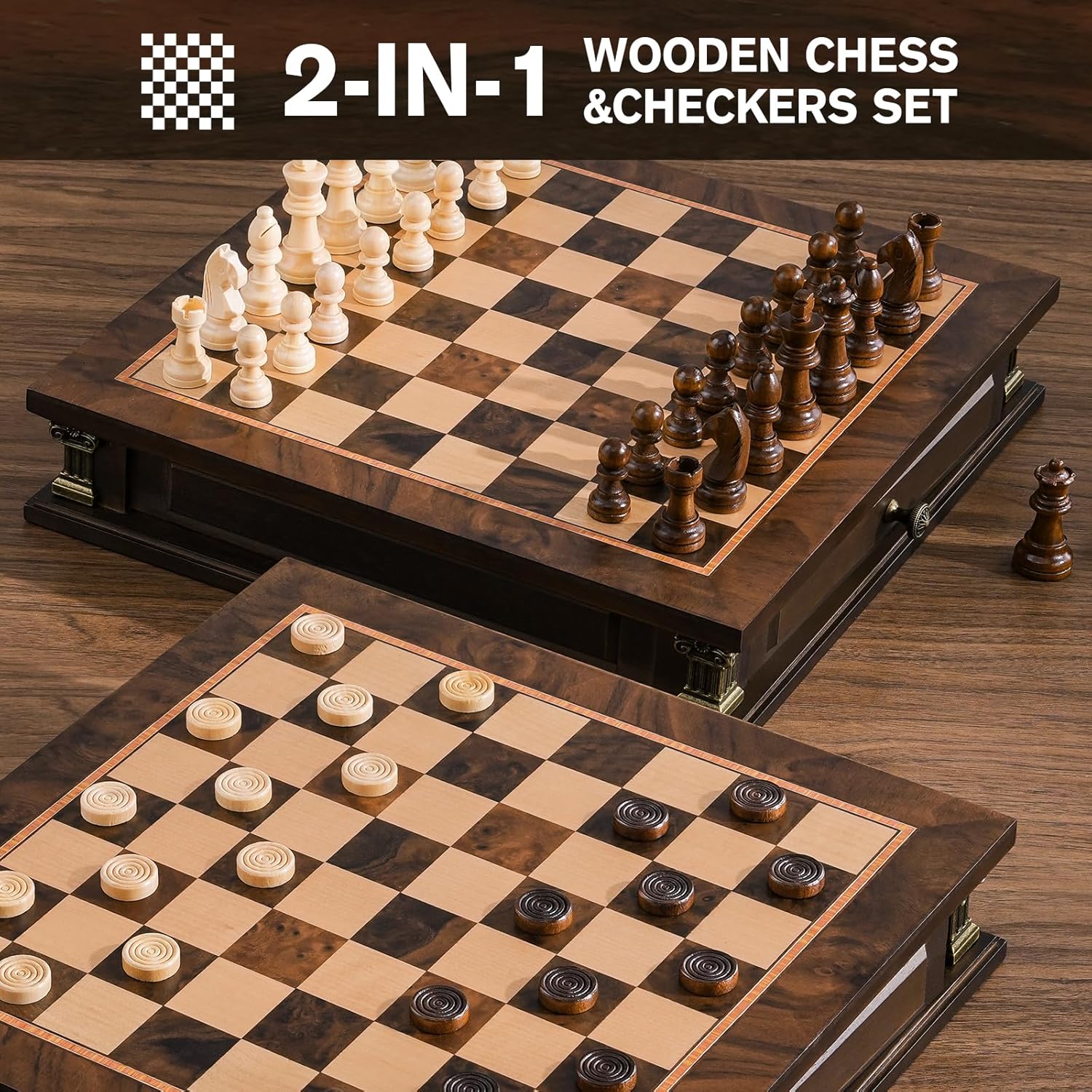 Economy 15" Burl Walnut Maple Magnetic Drawer Chess and Draughts Set - Image 3