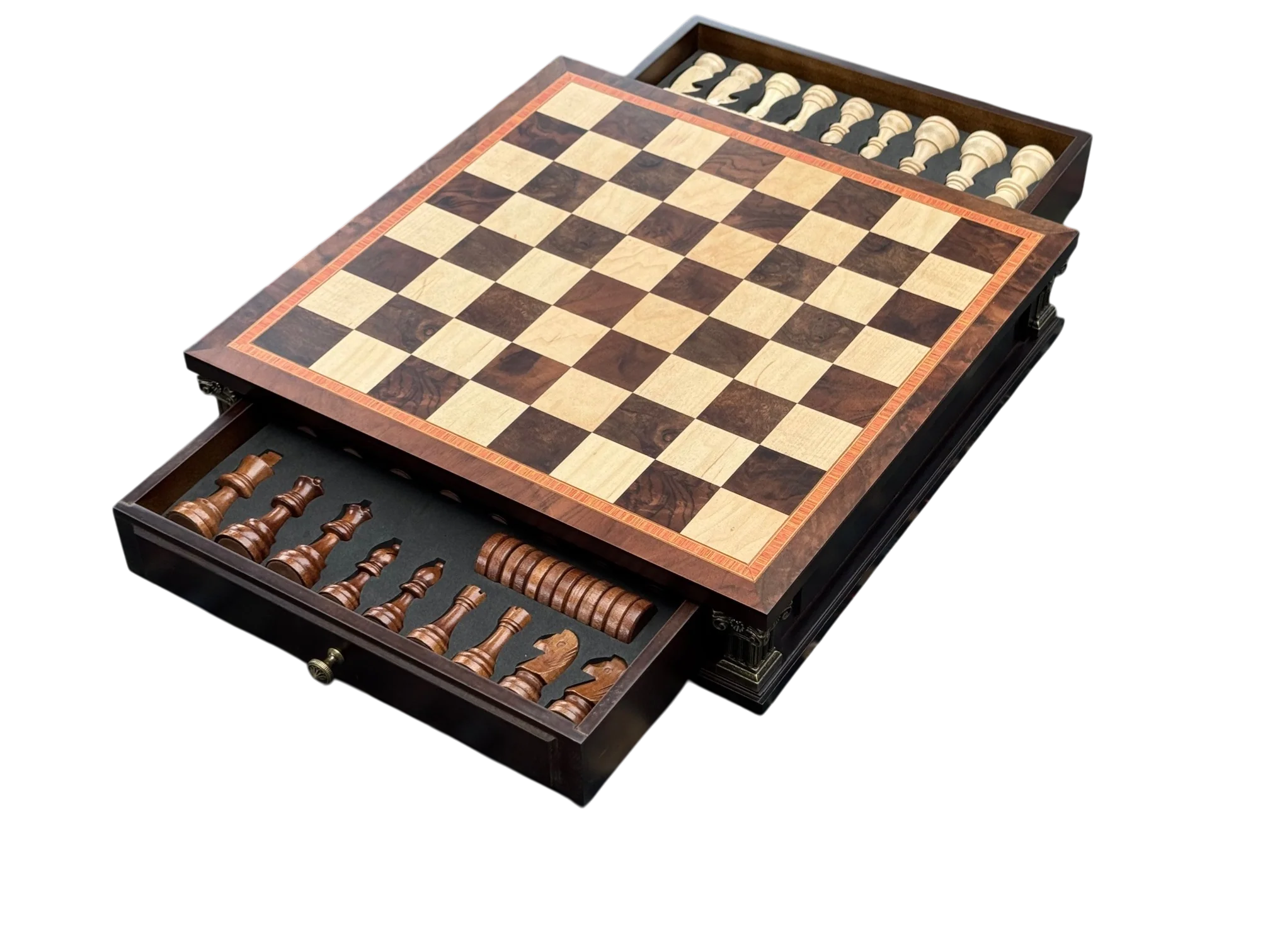 Economy 15" Burl Walnut Maple Magnetic Drawer Chess and Draughts Set - Image 4