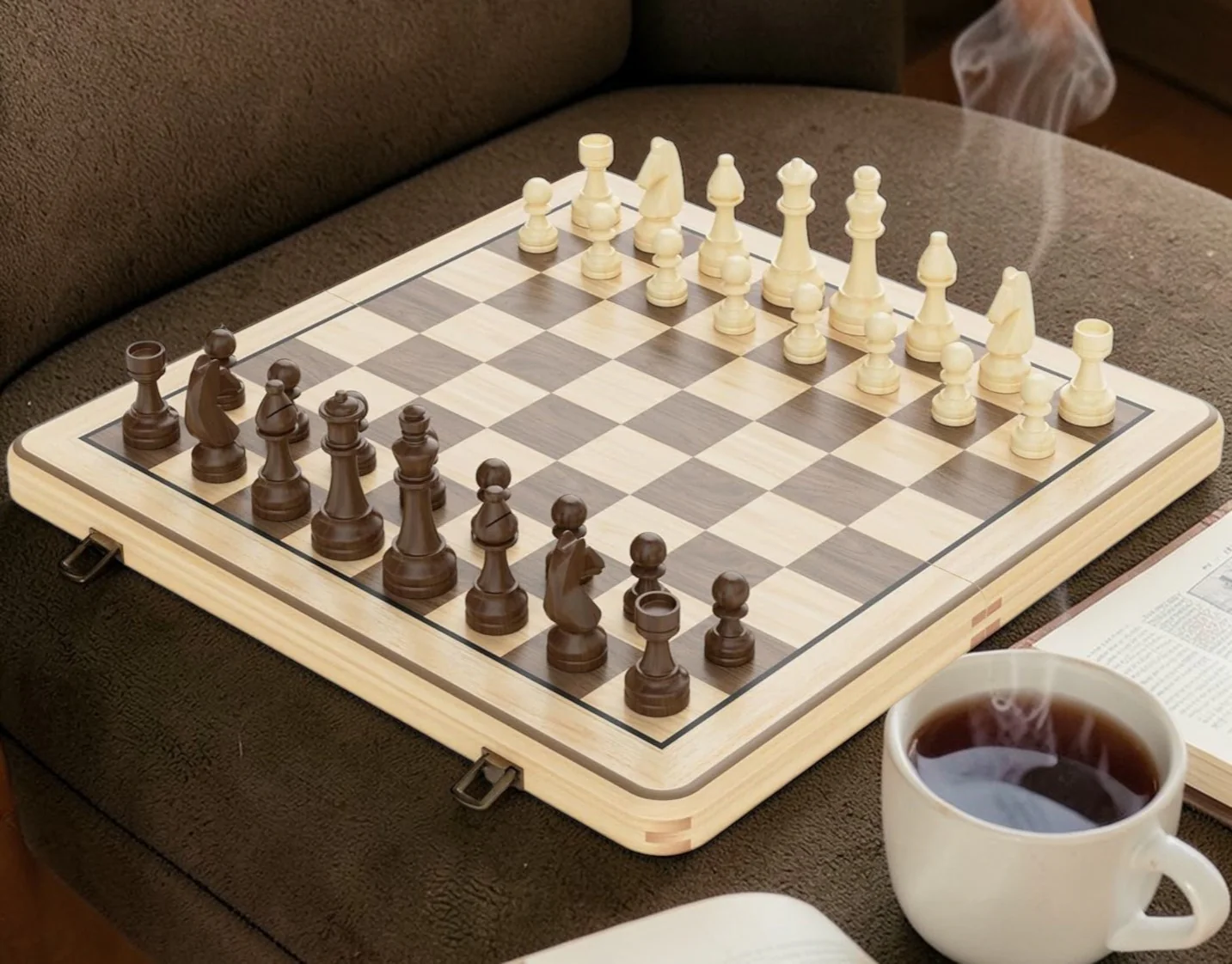 15" Natural Walnut Folding Chess & Draughts Set - Image 2
