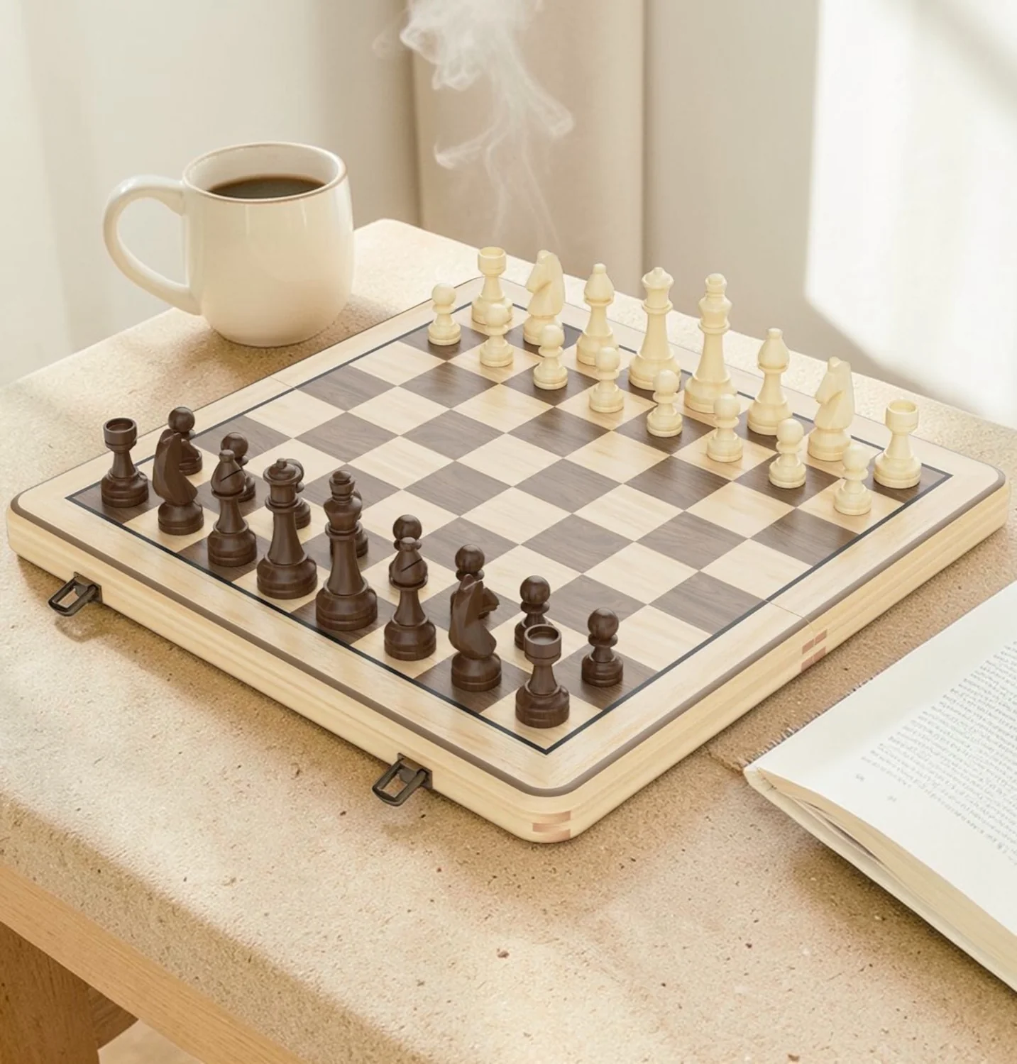 15" Natural Walnut Folding Chess & Draughts Set - Image 3