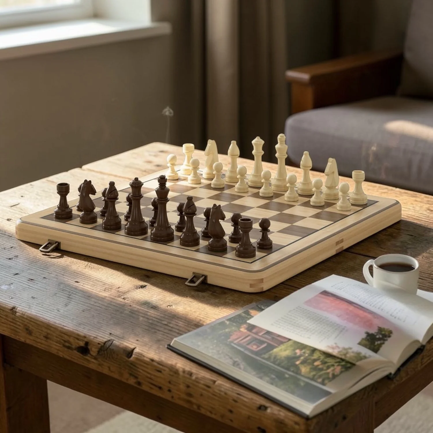 15" Natural Walnut Folding Chess & Draughts Set - Image 5