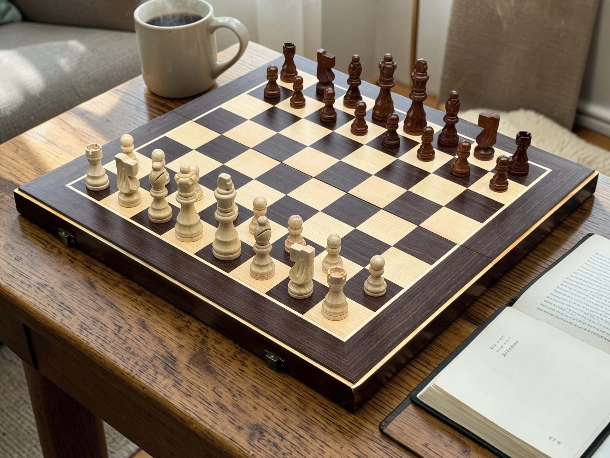15" Wenge Ebony Maple Magnetic Folding Chess Set - Image 2