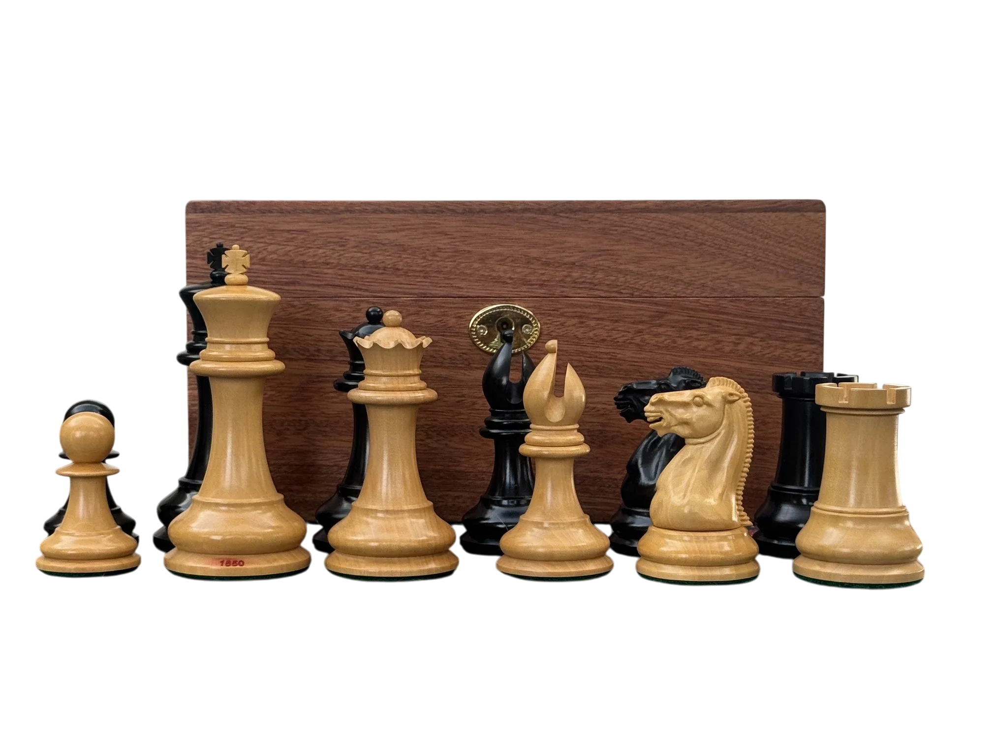 4.4" 1850 Boxwood and Ebony Chessmen – Deluxe Mahogany Box - Image 4