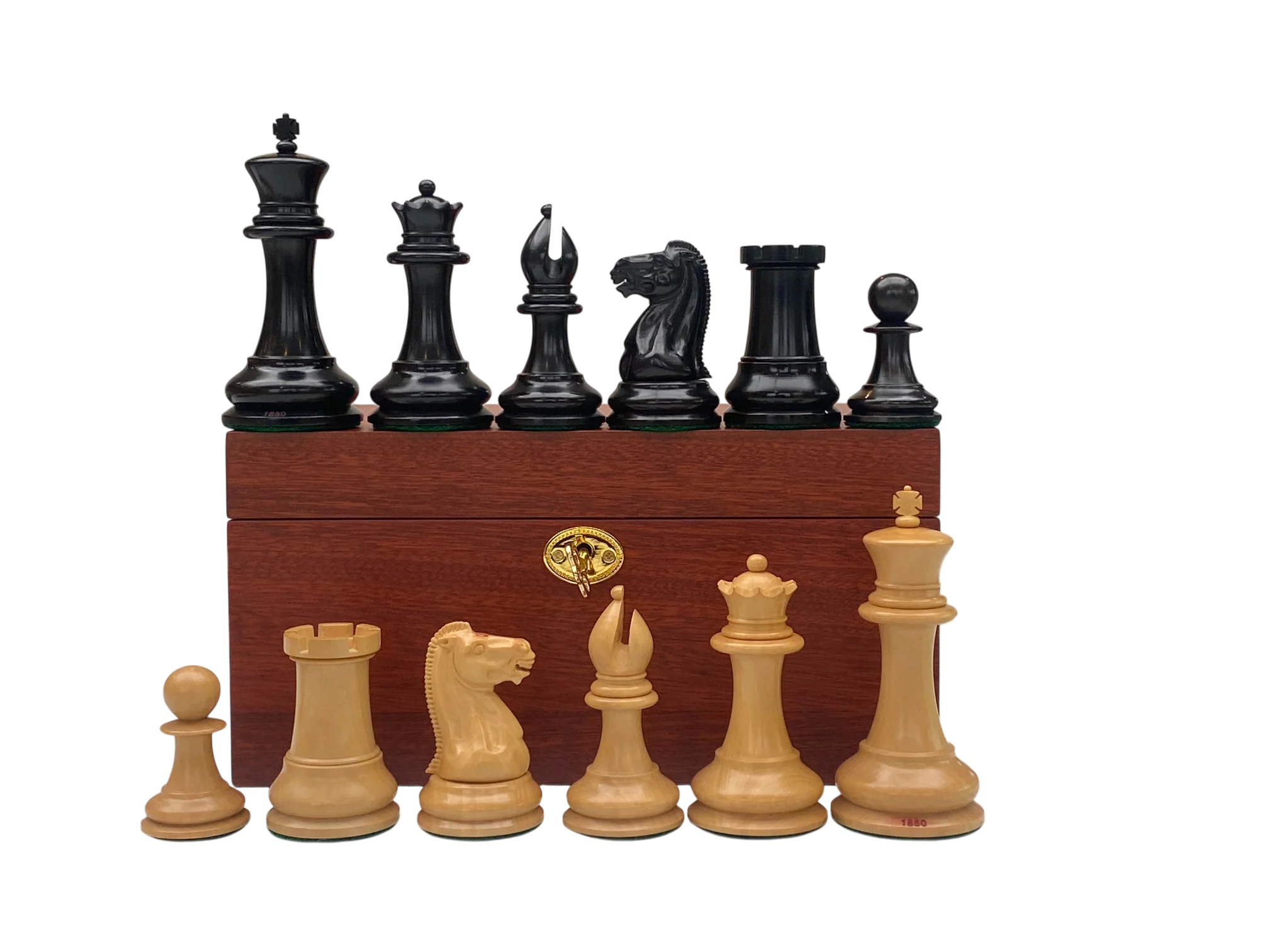 4.4" 1850 Boxwood and Ebony Chessmen – Deluxe Mahogany Box - Image 5