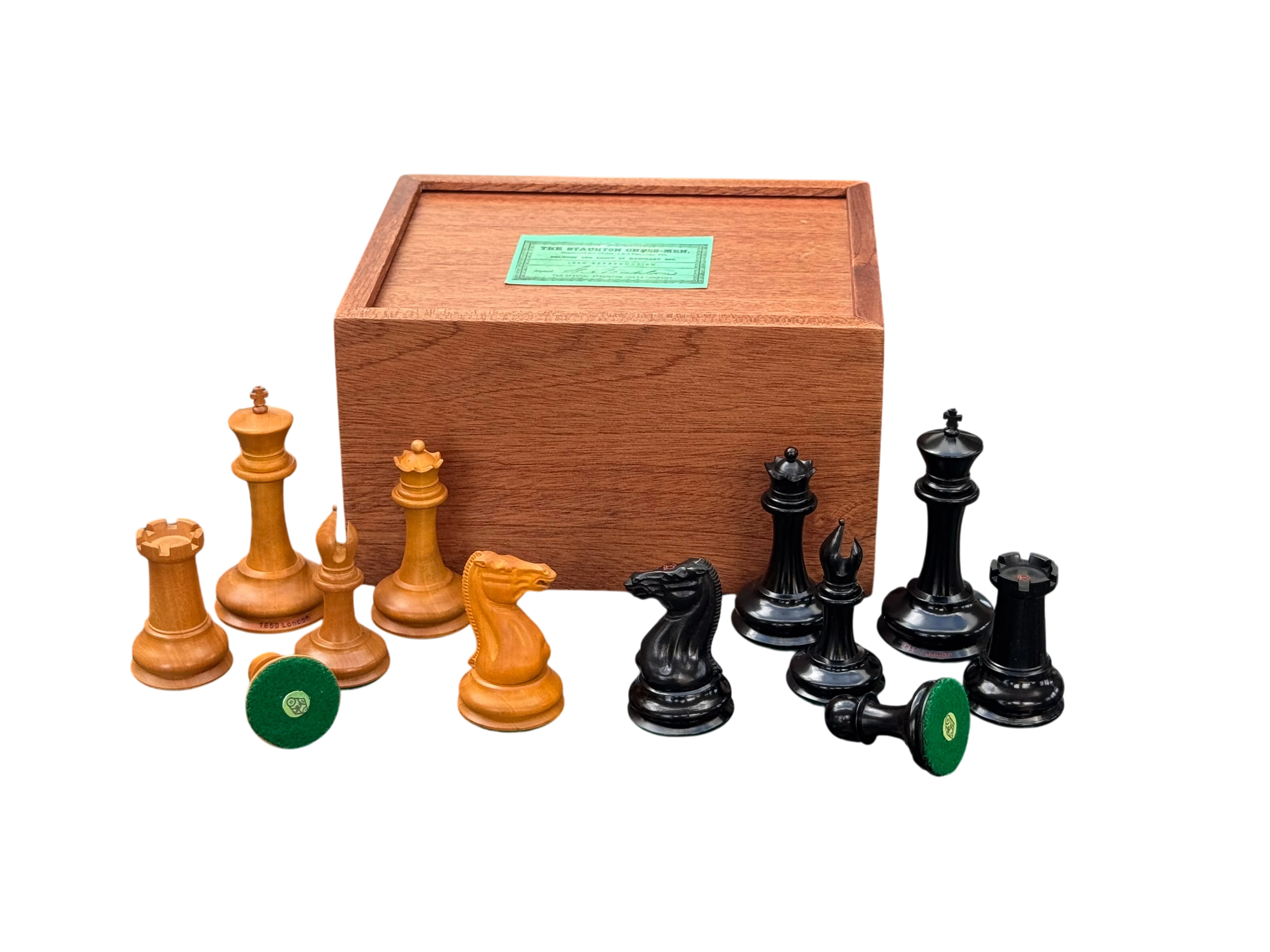 3.5" 1850 London Antique Ebony Chessmen,  Mahogany Box - Image 2