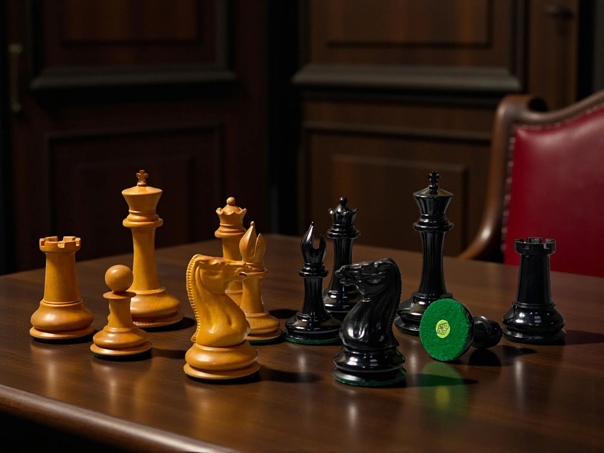 3.5" 1850 London Antique Ebony Chessmen,  Mahogany Box - Image 7
