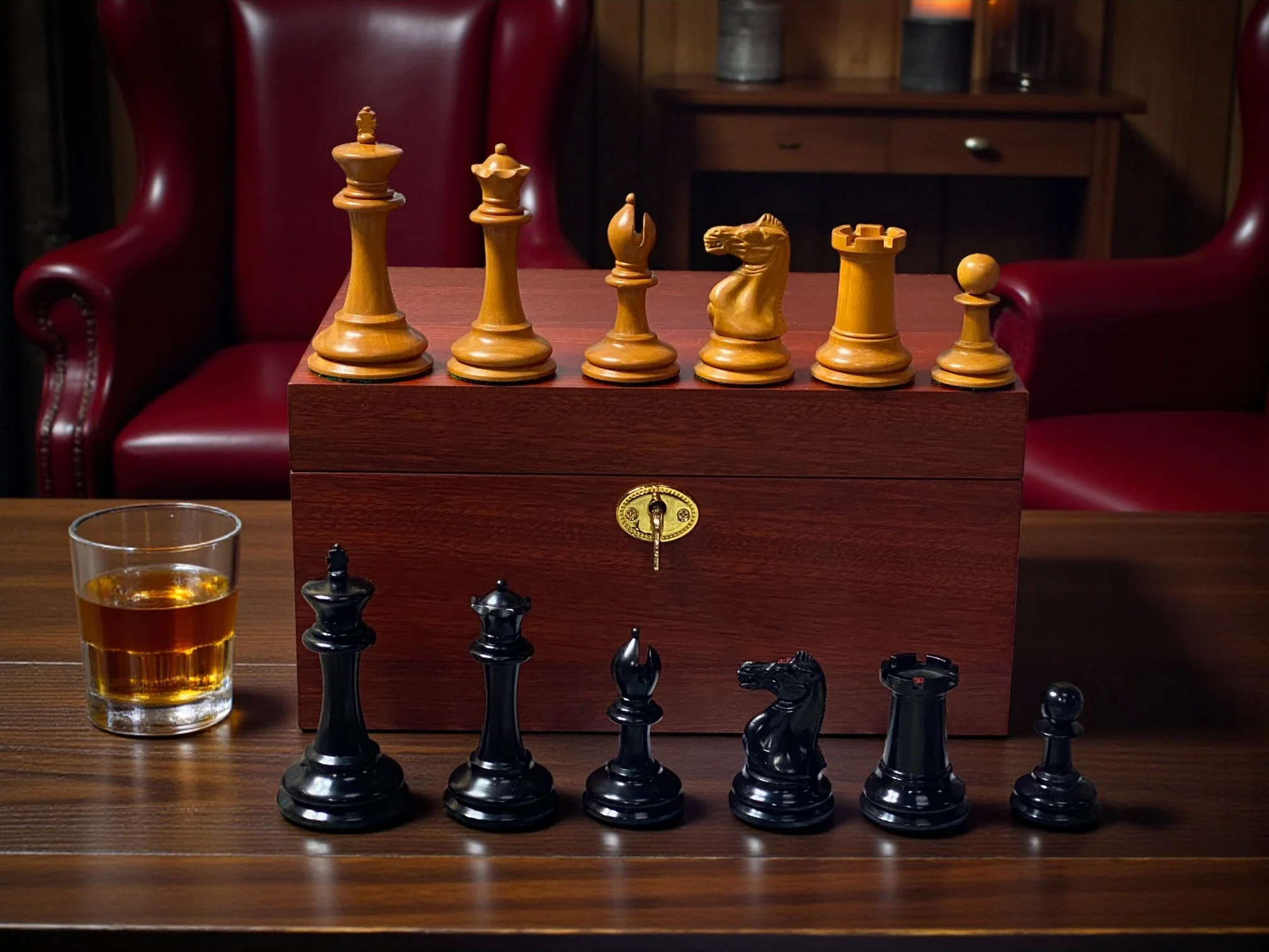 3.5" 1862 Antique Staunton Chessmen and Mahogany Deluxe Box - Image 2