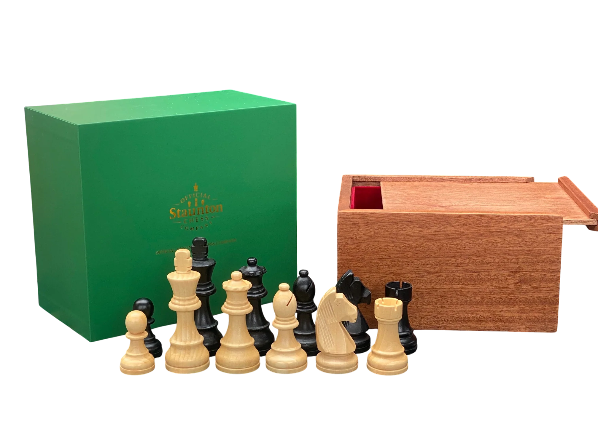 3.75" Club Classic Black and Natural Chessmen and Solid Mahogany Slide Lid Box - Image 2