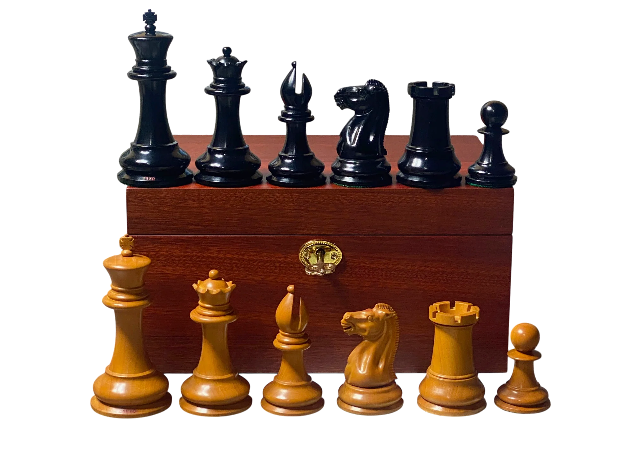 4.4" 1850 Antique Ebony Chessmen and Mahogany Deluxe Box - Image 6
