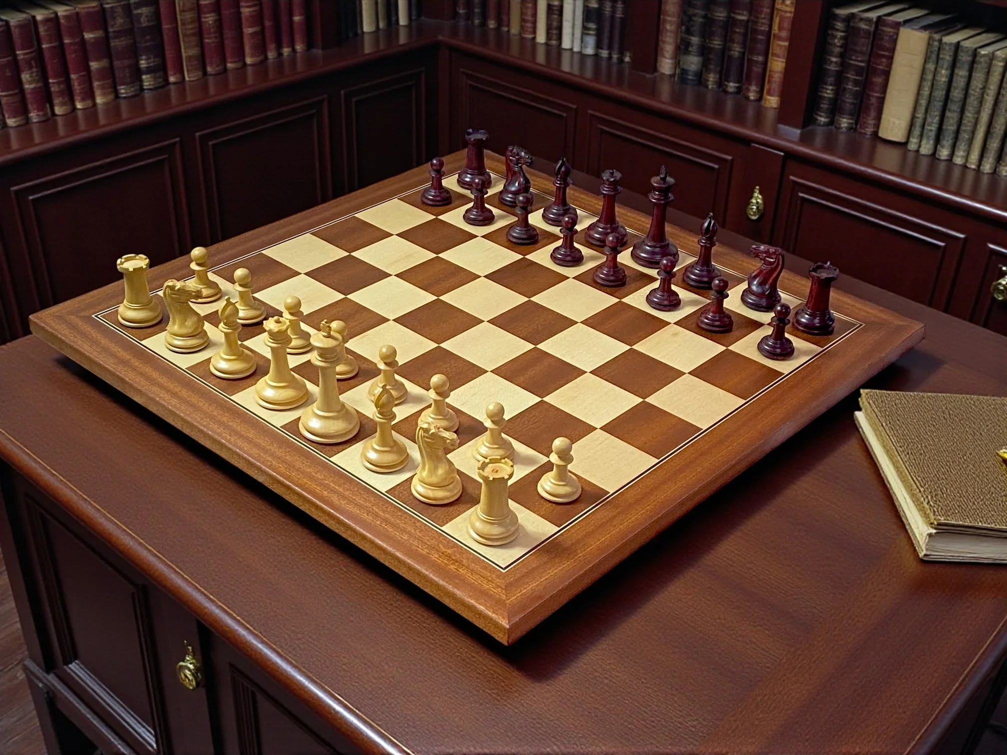 Cooke 3.5" Claret Boxwood Chess Set with Mahogany & Maple Deluxe Board and Vinyl Box - Image 2