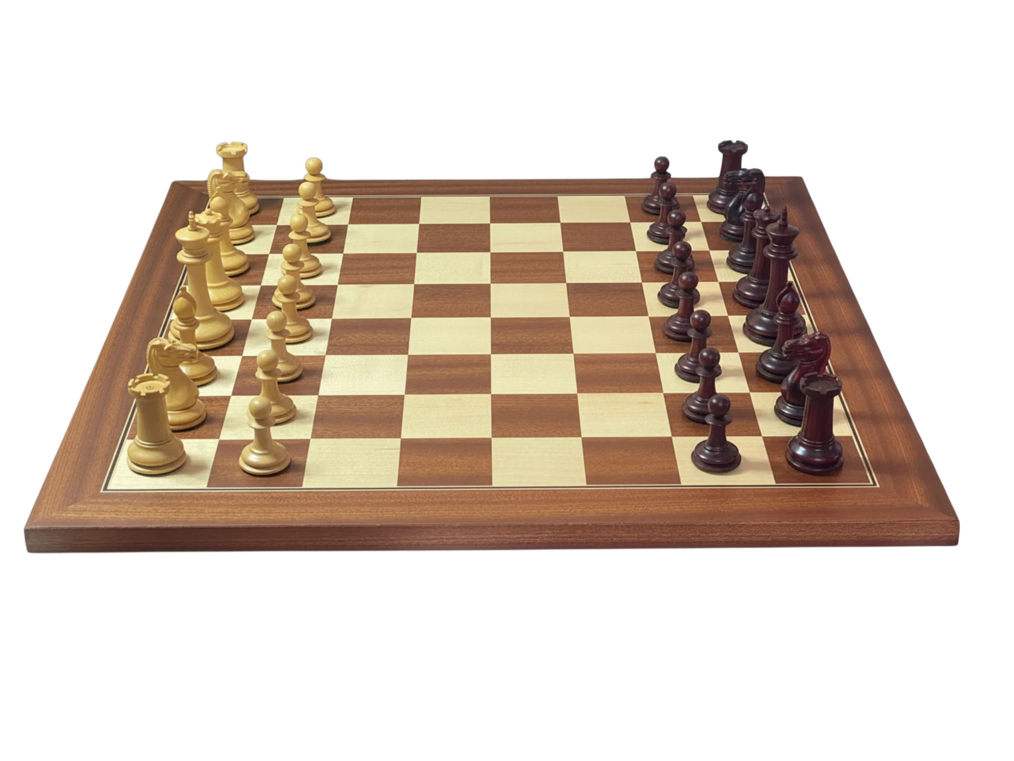 Cooke 3.5" Claret Boxwood Chess Set with Mahogany & Maple Deluxe Board and Vinyl Box - Image 3
