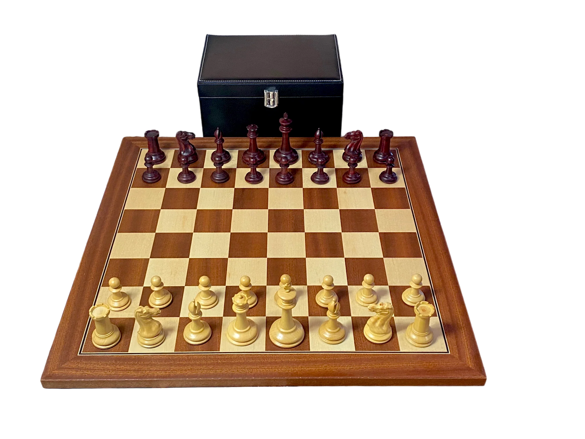 Cooke 3.5" Claret Boxwood Chess Set with Mahogany & Maple Deluxe Board and Vinyl Box - Image 6