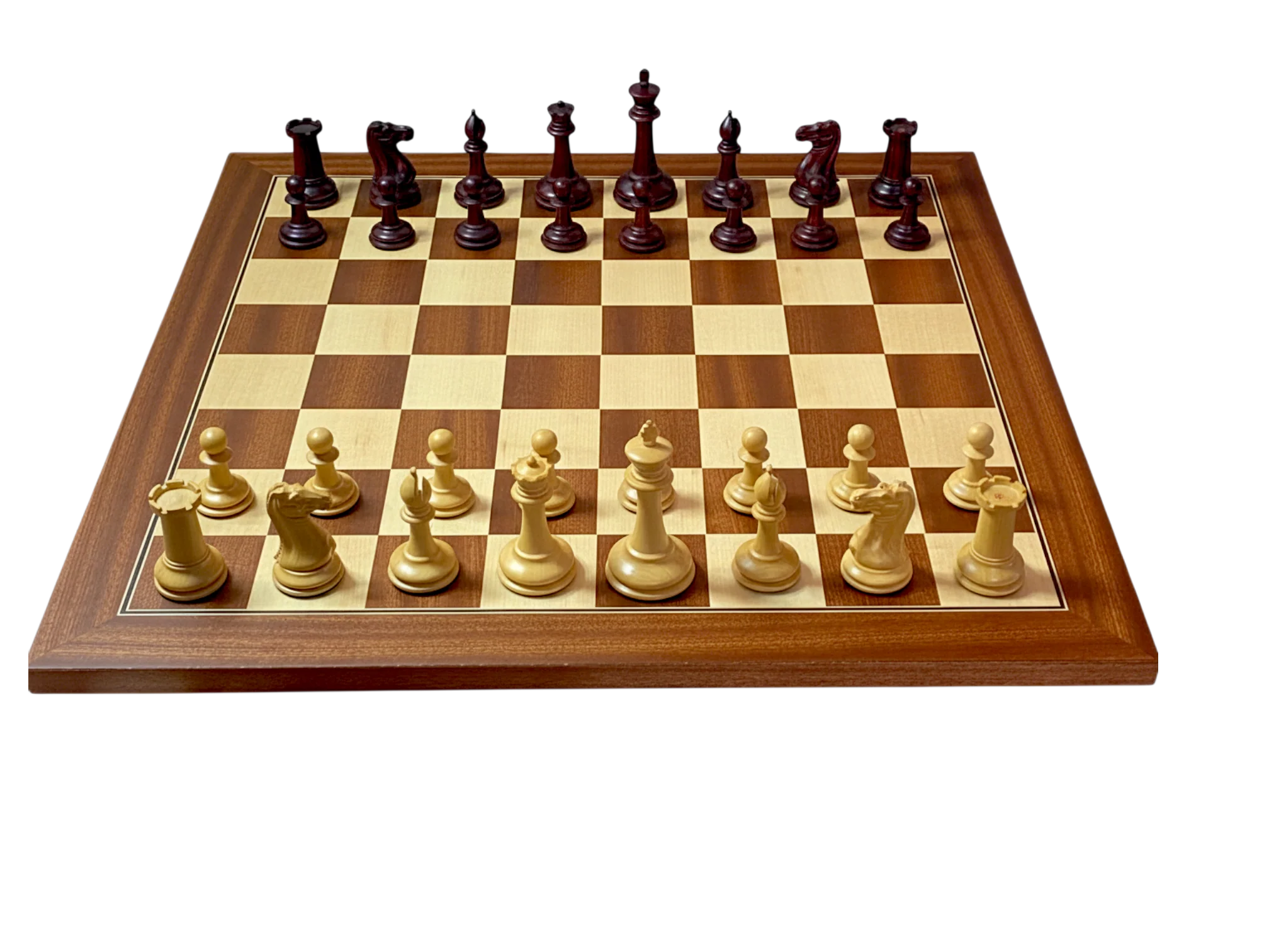 Cooke 3.5" Claret Boxwood Chess Set with Mahogany & Maple Deluxe Board and Vinyl Box - Image 7