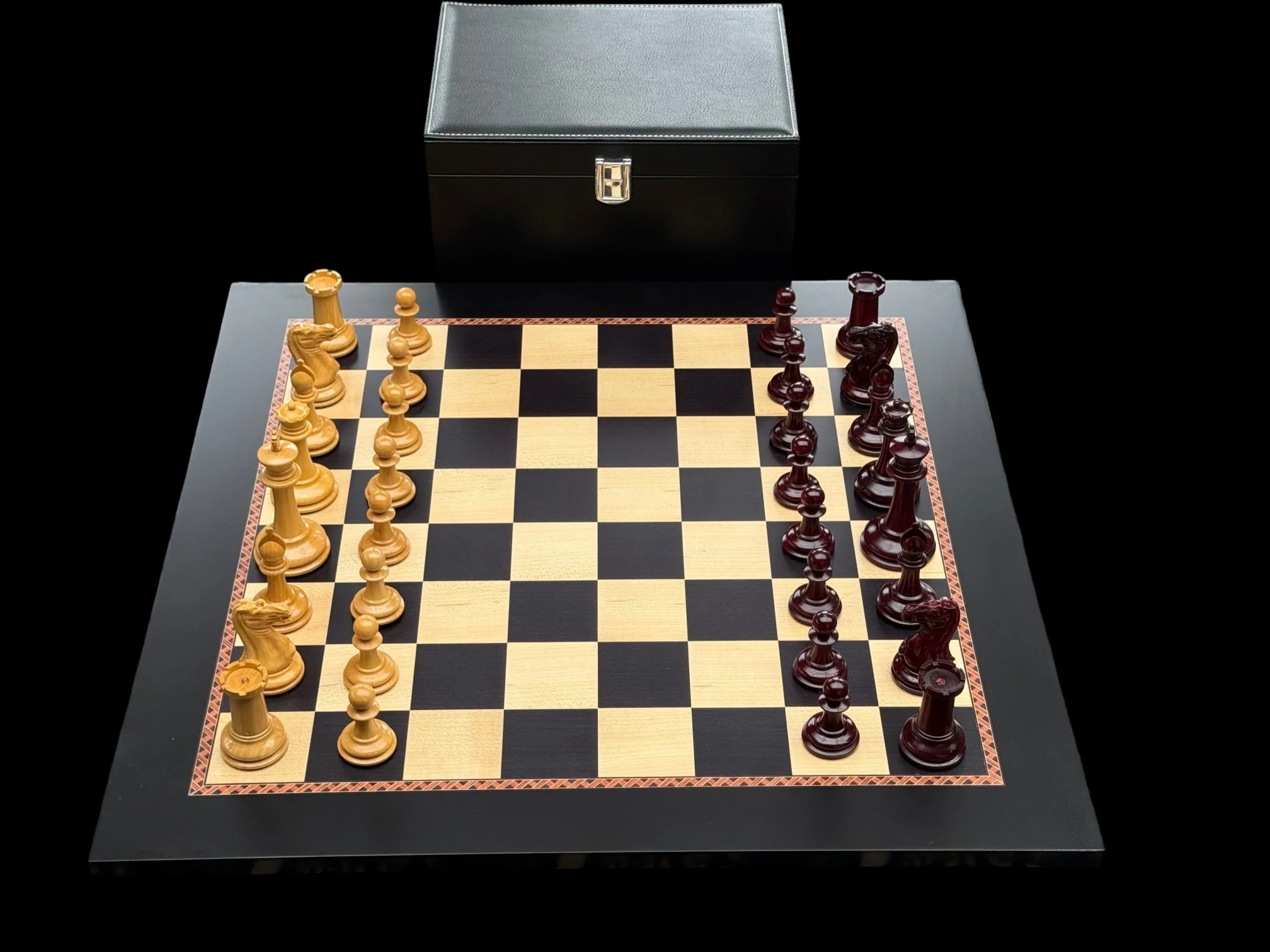 Cooke 3.5" Claret Lacquered Chessmen Anegre Avadia Chessboard & Vinyl Box - Image 3
