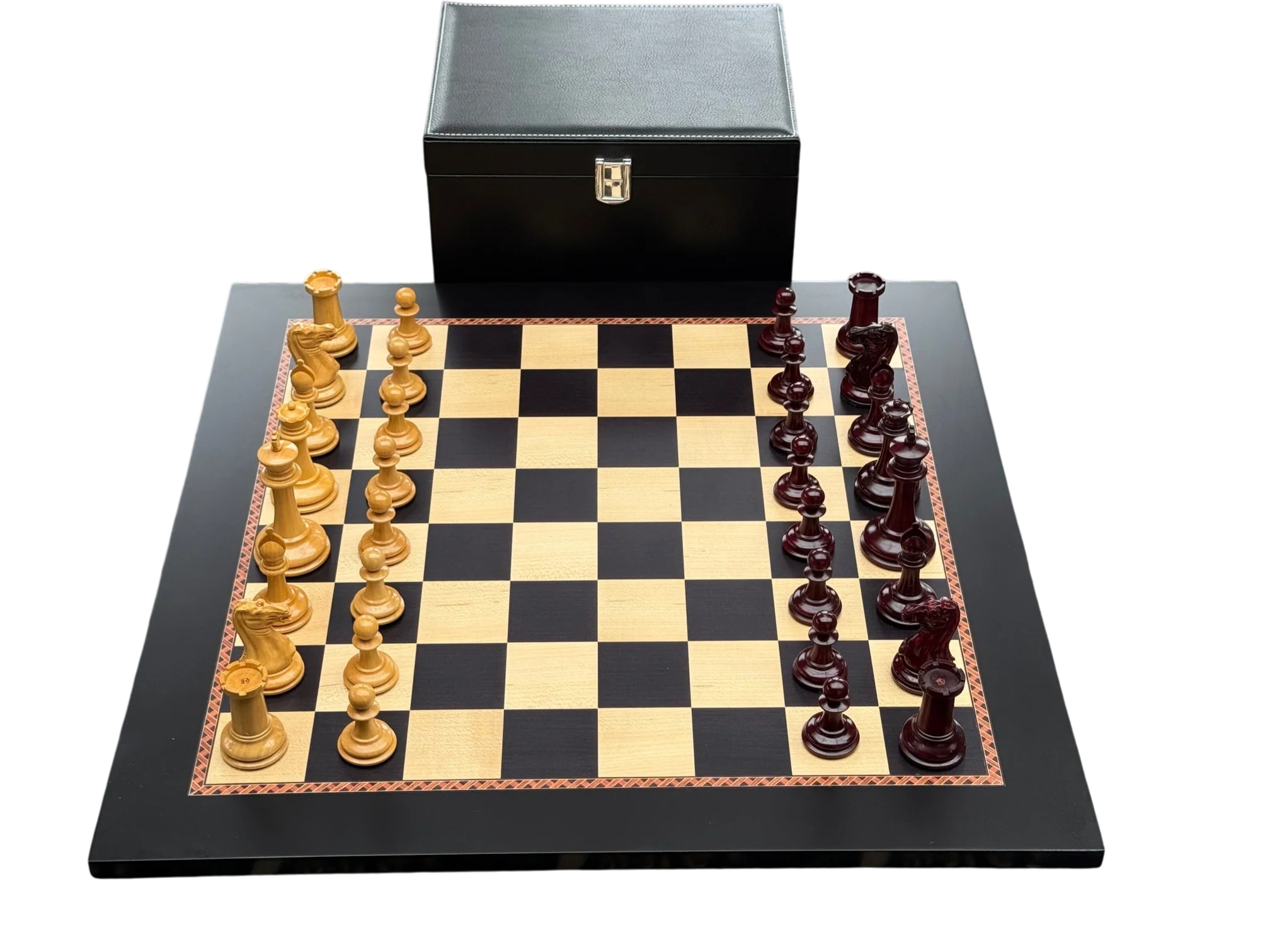 Cooke 3.5" Claret Lacquered Chessmen Anegre Avadia Chessboard & Vinyl Box - Image 5