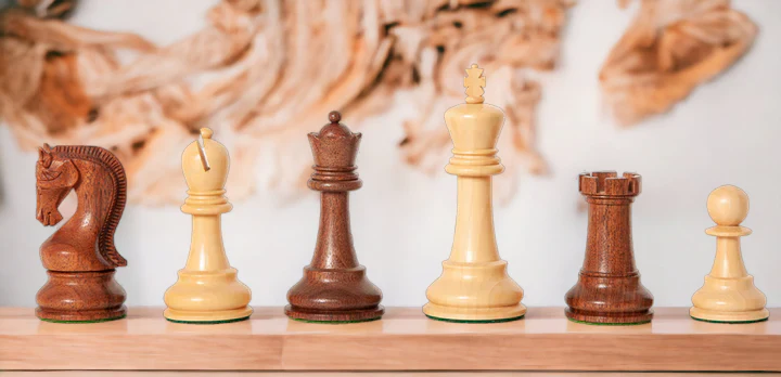 4" Staunton Leningrad Acacia Chess Pieces - Image 5